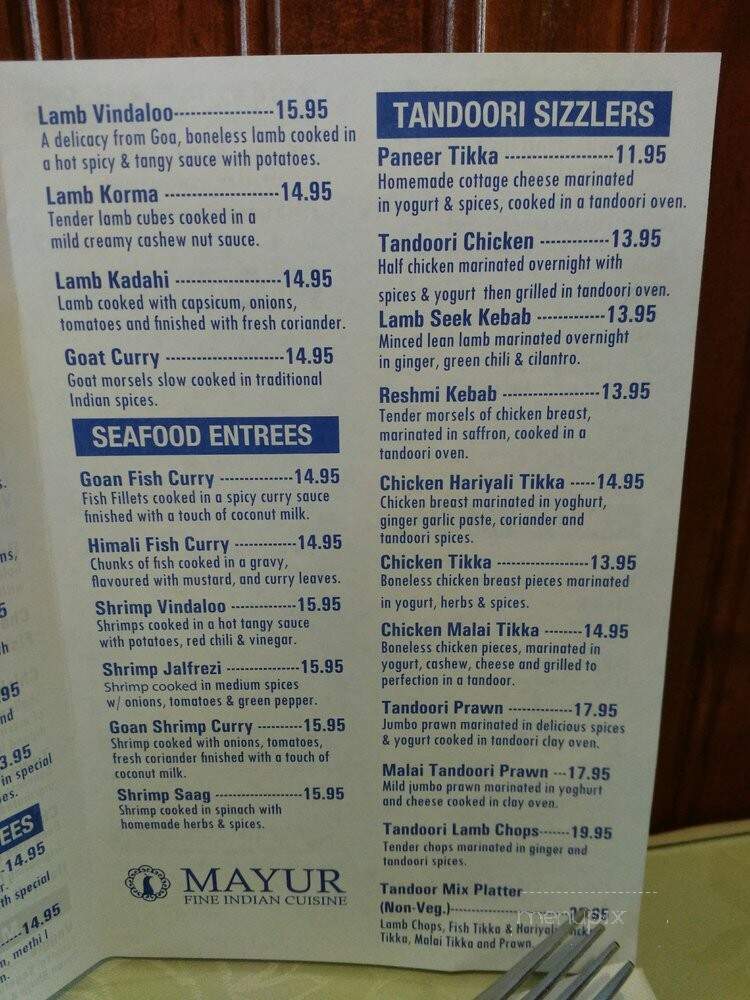 Mayur Fine Indian Cuisine - Toronto, ON menu_pic