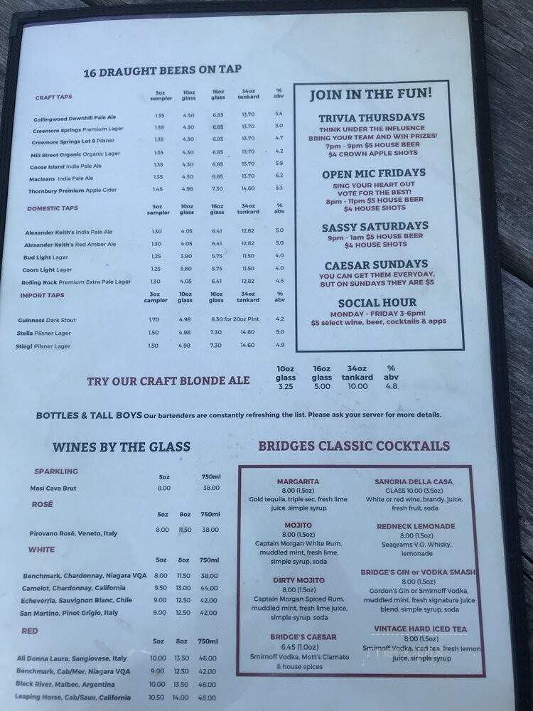 Bridges Tavern - Blue Mountains, ON menu_pic