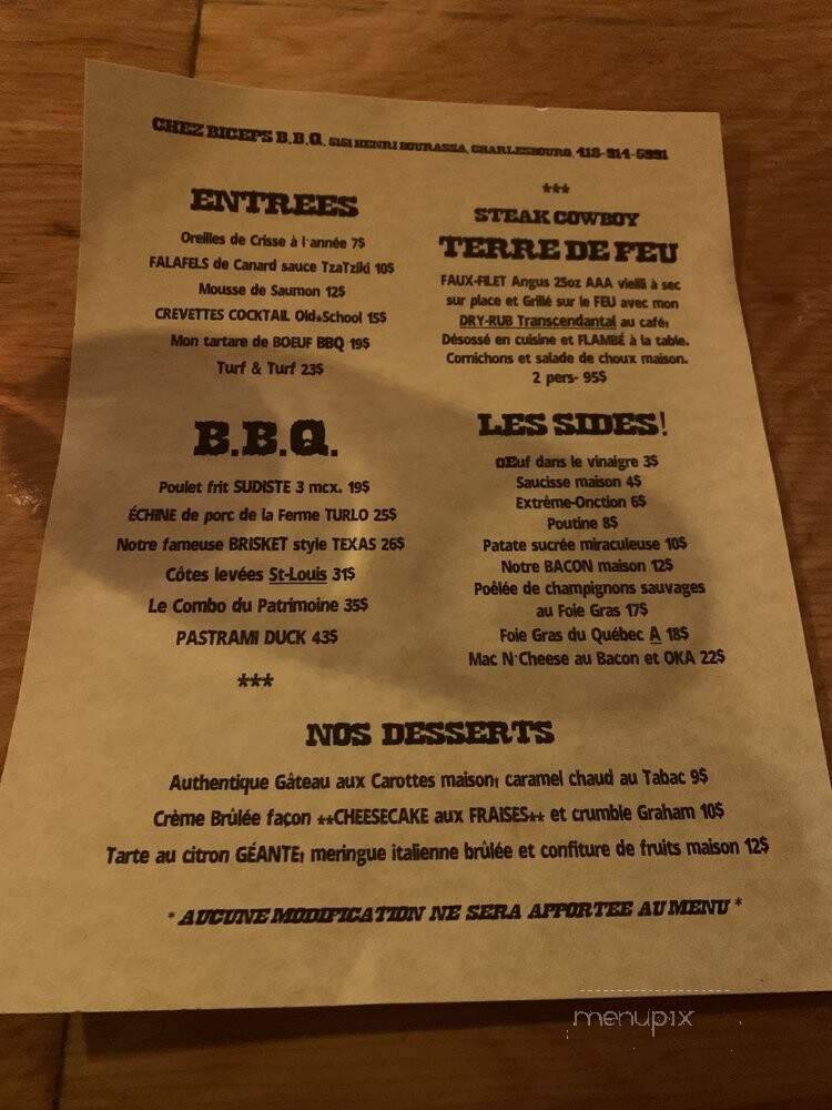 Chez Biceps BBQ - Quebec City, QC menu_pic
