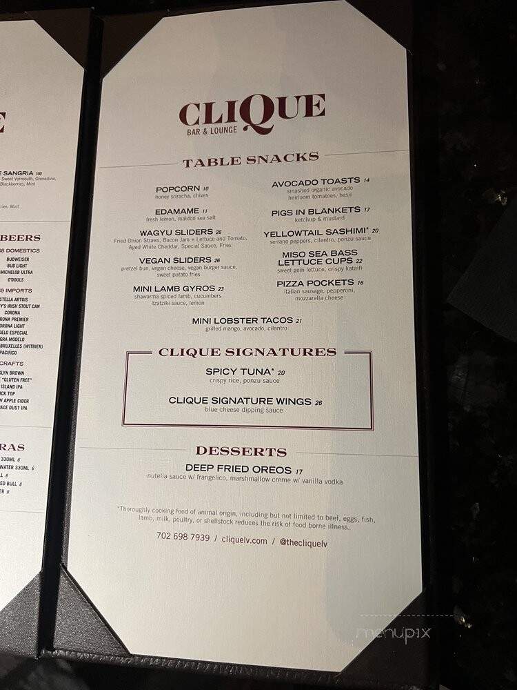 CLIQUE Bar & Lounge - Las Vegas, NV menu_pic