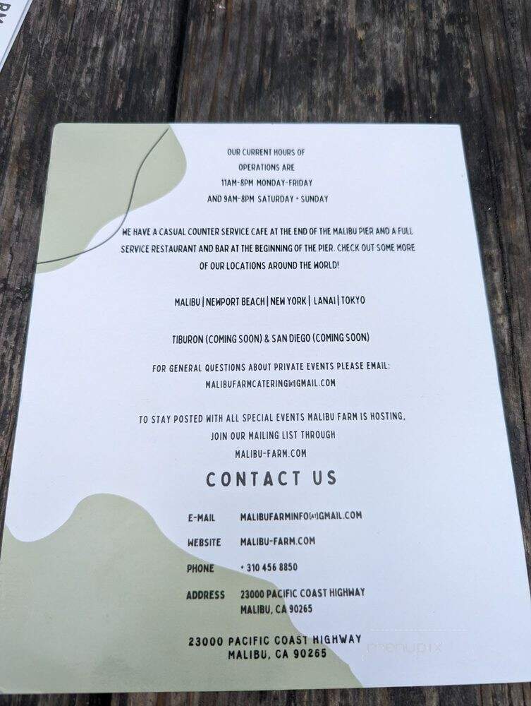 Malibu Farm Restaurant - Malibu, CA menu_pic