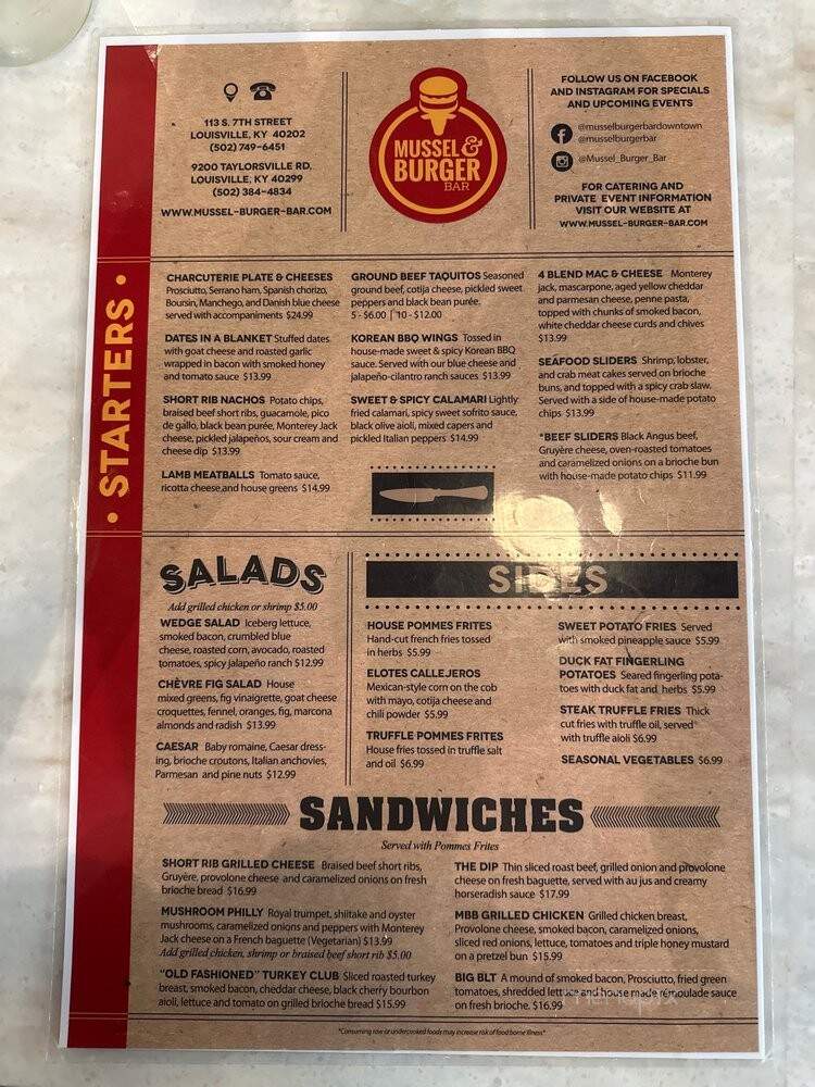 Mussel And Burger Bar - Louisville, KY menu_pic
