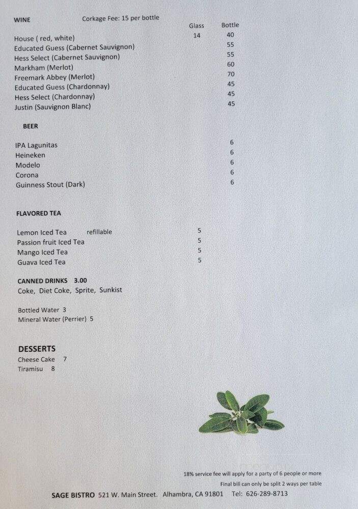 Sage Bistro - Alhambra, CA menu_pic