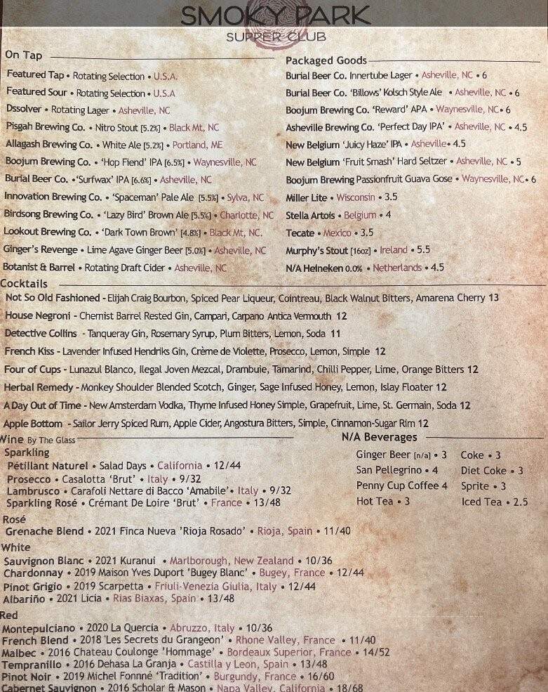 Smoky Park Supper Club - Asheville, NC menu_pic