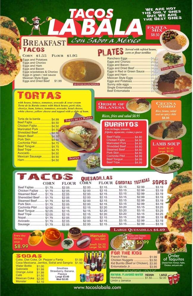 Online Menu of Tacos La Bala 8, Houston, TX