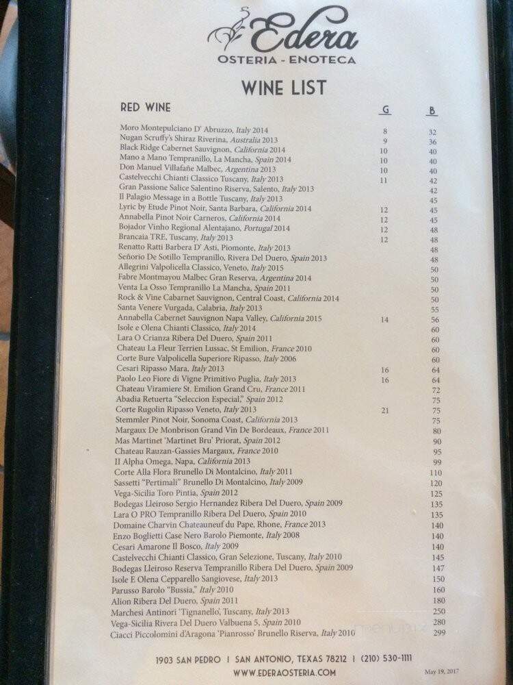 Edera Osteria - San Antonio, TX menu_pic