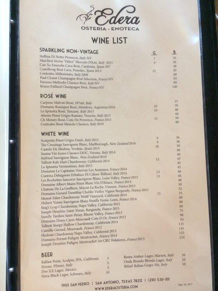 Edera Osteria - San Antonio, TX menu_pic