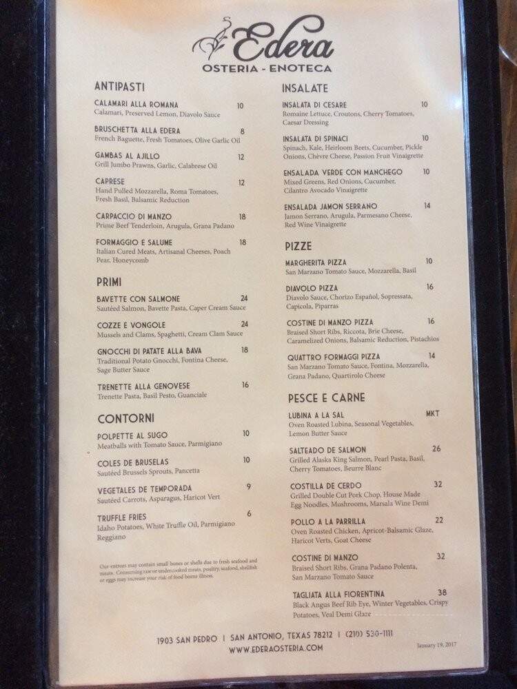 Edera Osteria - San Antonio, TX menu_pic