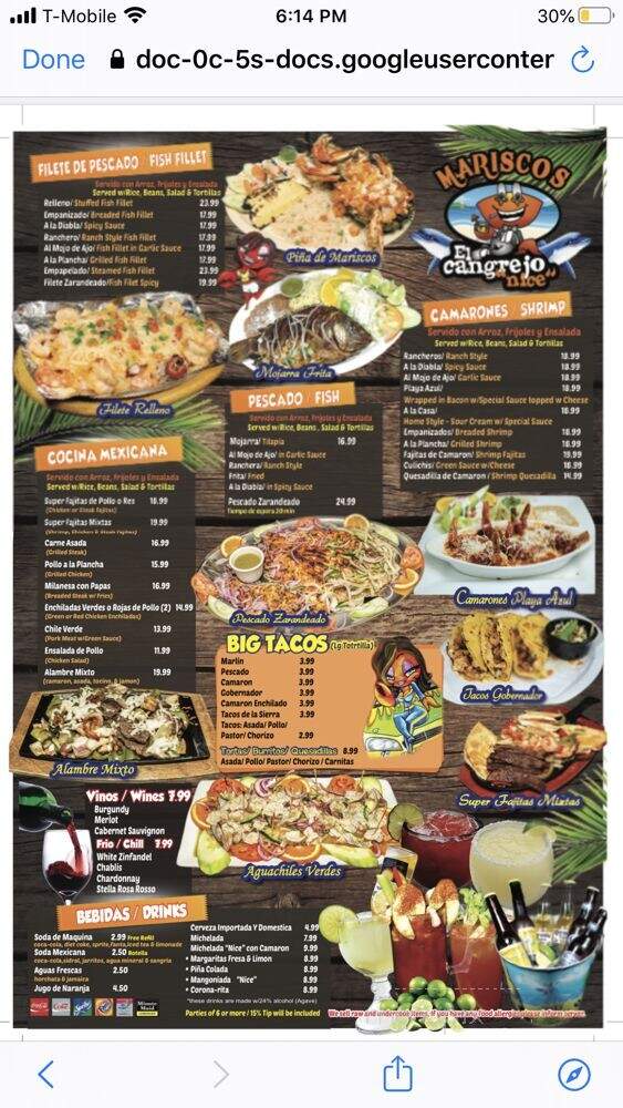 Mariscos El Cangrejo Nice - Anaheim, CA menu_pic