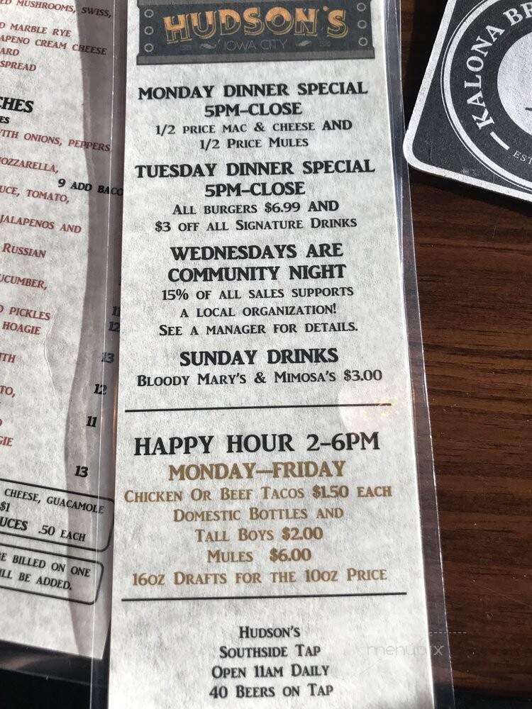 Hudson's - Iowa City, IA menu_pic