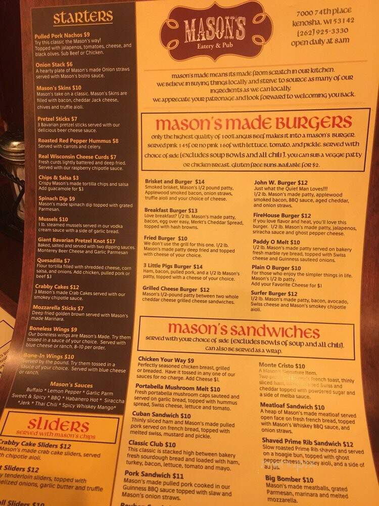 Mason's Pub & Eatery - Kenosha, WI menu_pic