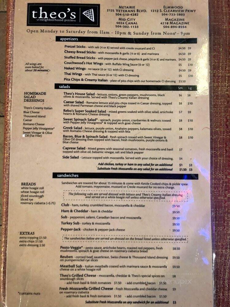 Theo's Neighborhood Pizza - Metairie, LA menu_pic