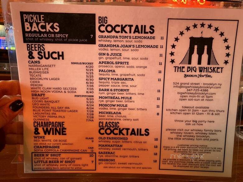 The Big Whiskey - Brooklyn, NY menu_pic