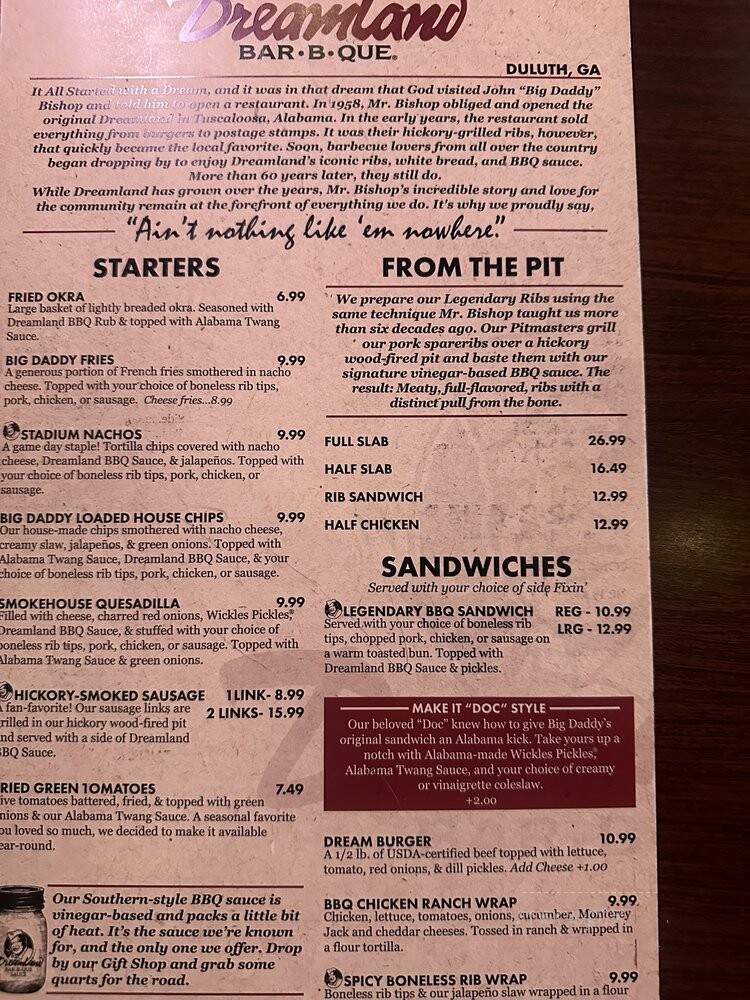 Dreamland BBQ - Duluth, GA menu_pic