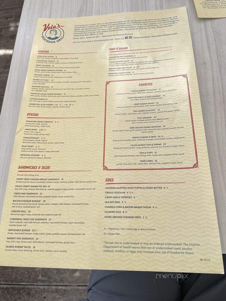 Volas Dockside Grill and Hi-Tide Lounge - Alexandria, VA menu_pic