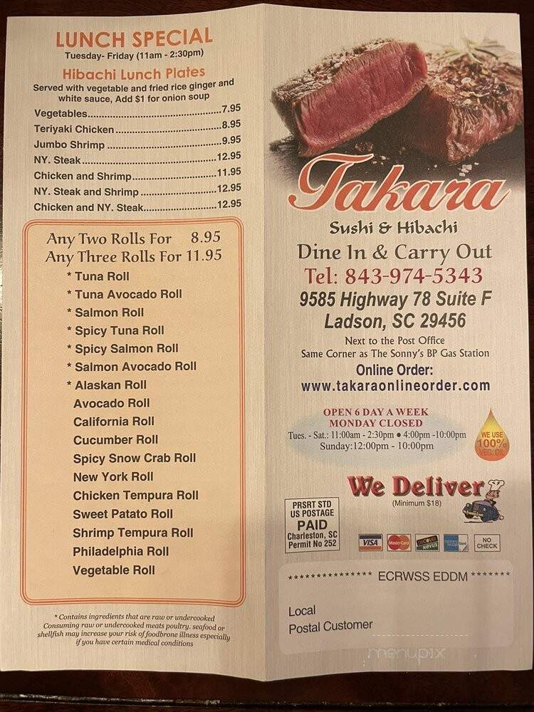 Takara Japanese Steakhouse - Ladson, SC menu_pic