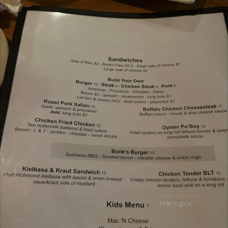 Bonks Bar - Philadelphia, PA menu_pic