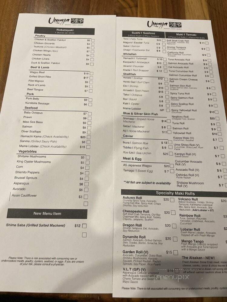 Umaya Izakaya - Washington, DC menu_pic
