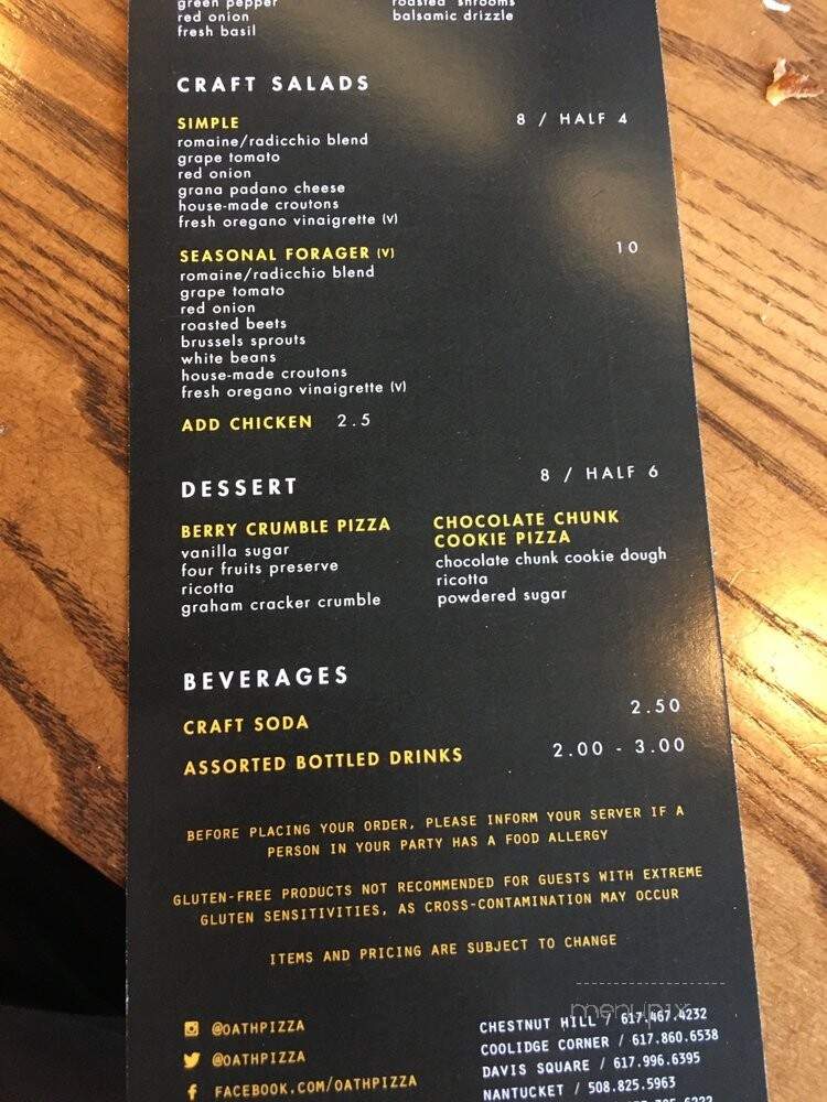 Oath Craft Pizza - Chestnut Hill, MA menu_pic