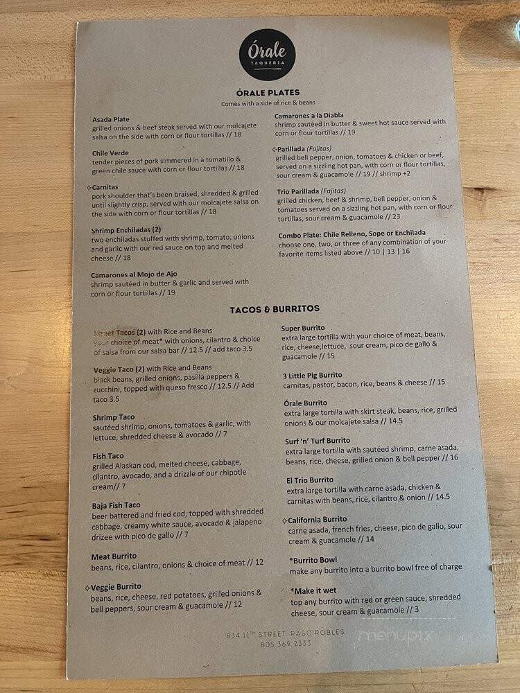 orale Taqueria - Paso Robles, CA menu_pic