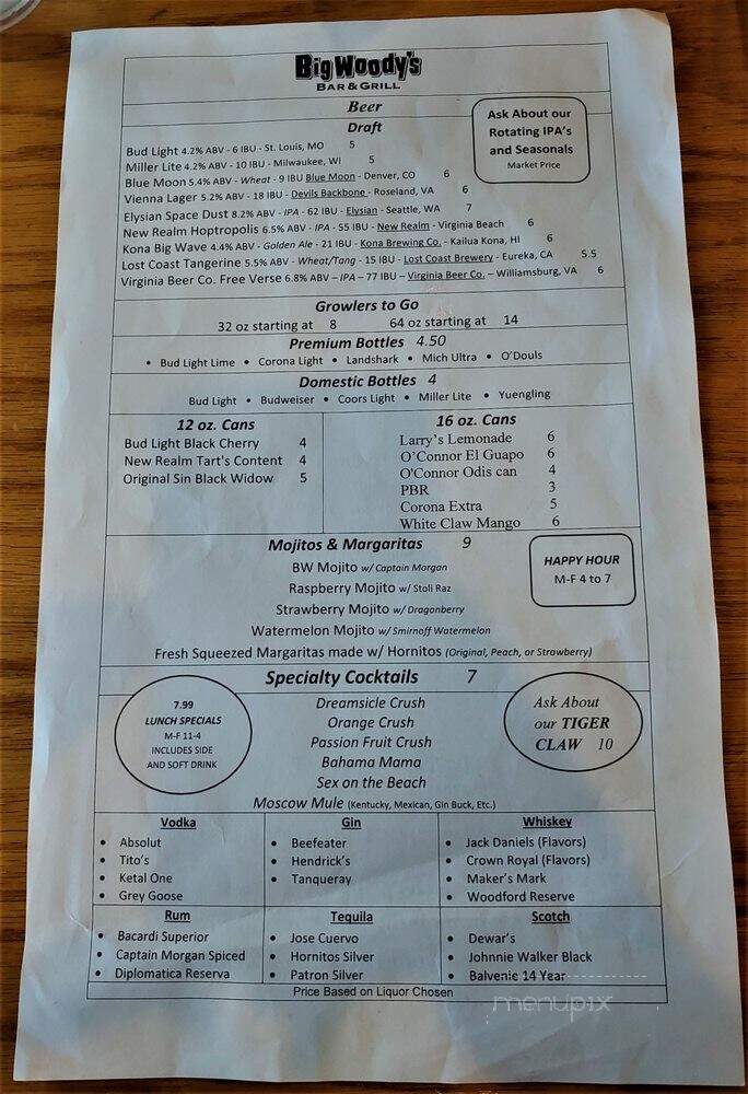 Big Woody's Bar & Grill - Virginia Beach, VA menu_pic