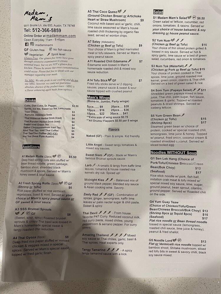 Madam Mam's Thai Cuisine - Austin, TX menu_pic
