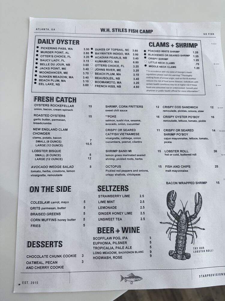 WH Stiles Fish Camp - Atlanta, GA menu_pic