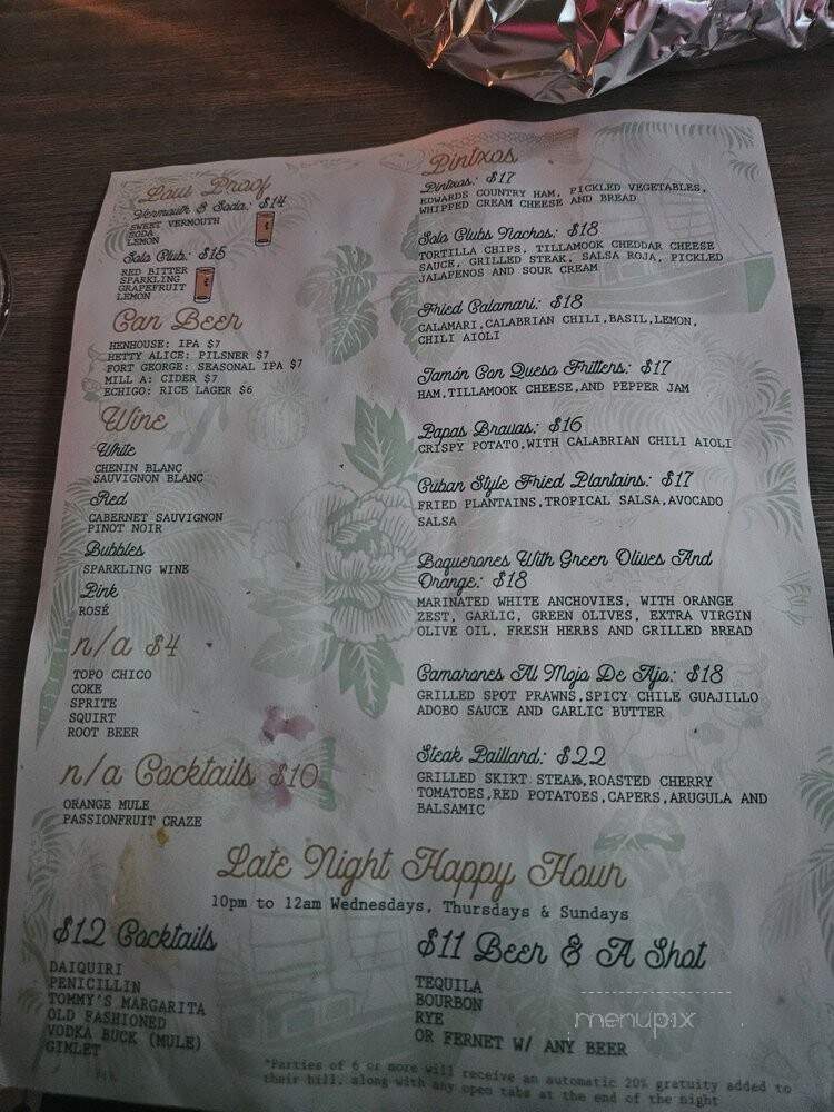 The Solo Club - Portland, OR menu_pic