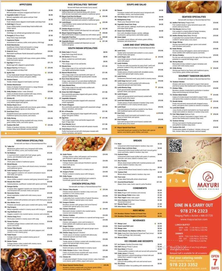 Mayuri Indian Cuisine - Acton, MA menu_pic