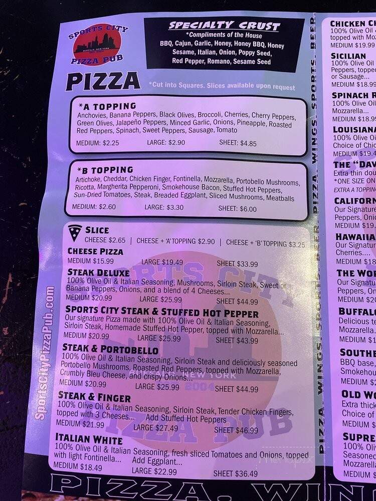 Sports City Pizza Pub - Buffalo, NY menu_pic