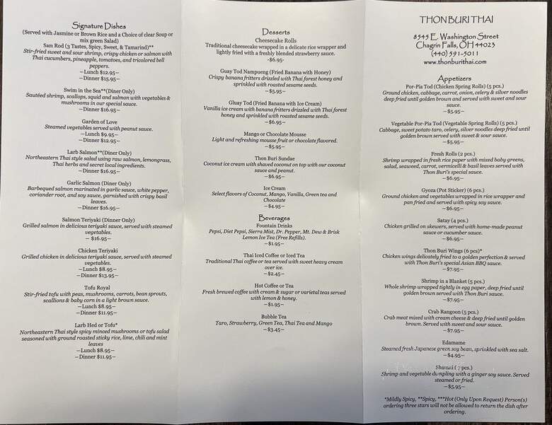 Thon Buri Thai Cuisine - Chagrin Falls, OH menu_pic