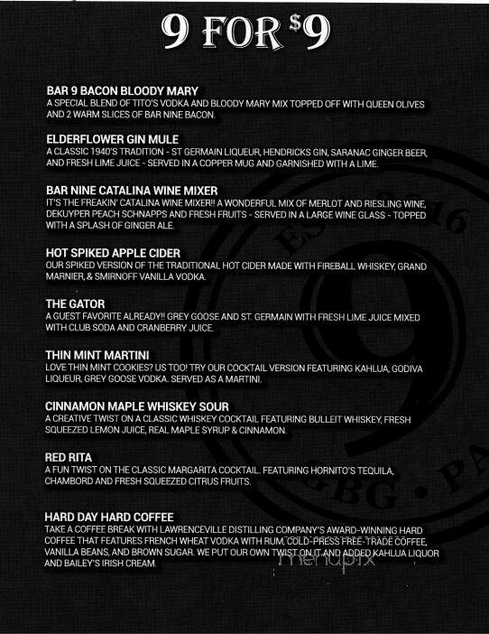 Bar Nine - Greensburg, PA menu_pic