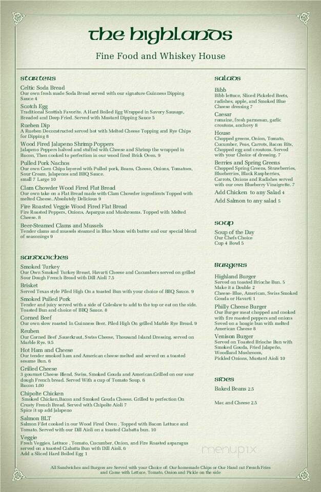 The Highlands Fine Food and Whiskey House - Bradford, IL menu_pic