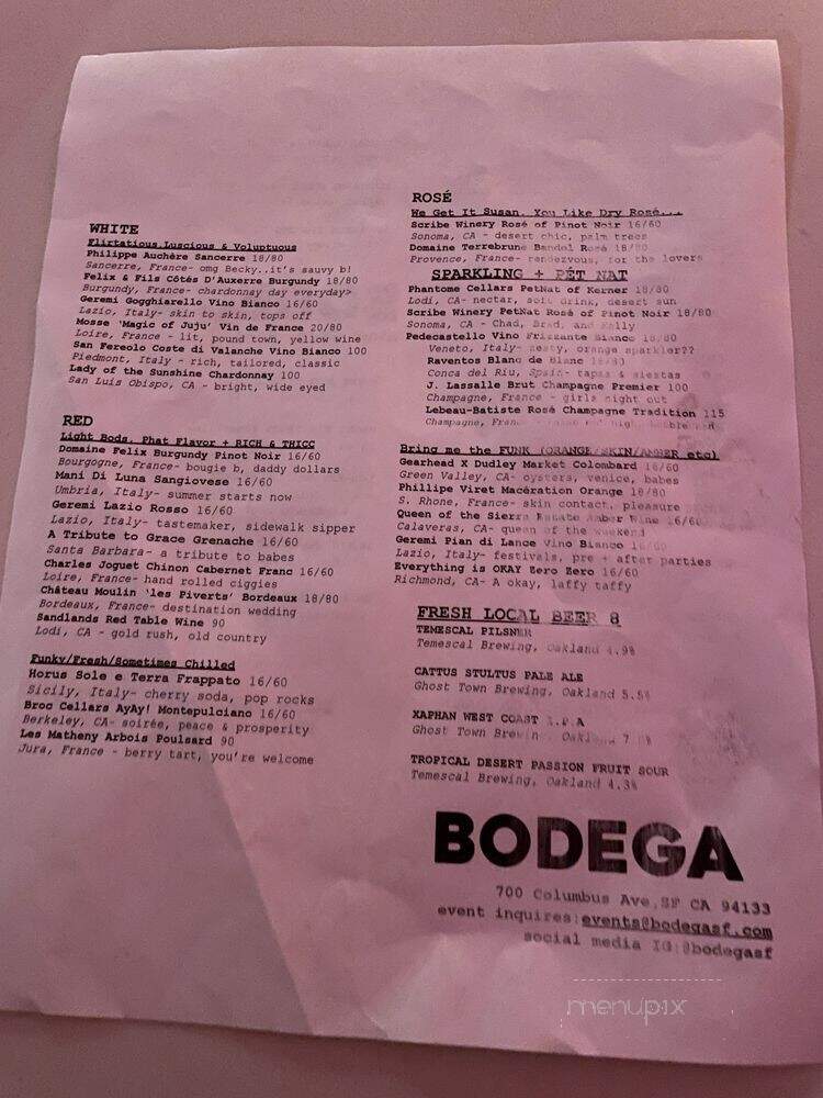 Bodega - San Francisco, CA menu_pic