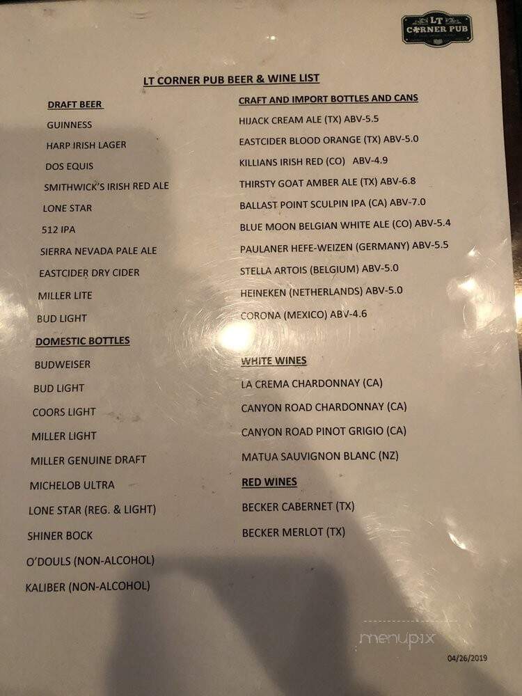 LT Corner Pub - Lakeway, TX menu_pic