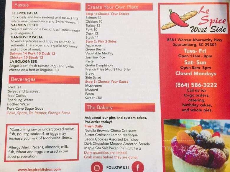 Le Spice Restaurant and Bakery - Spartanburg, SC menu_pic