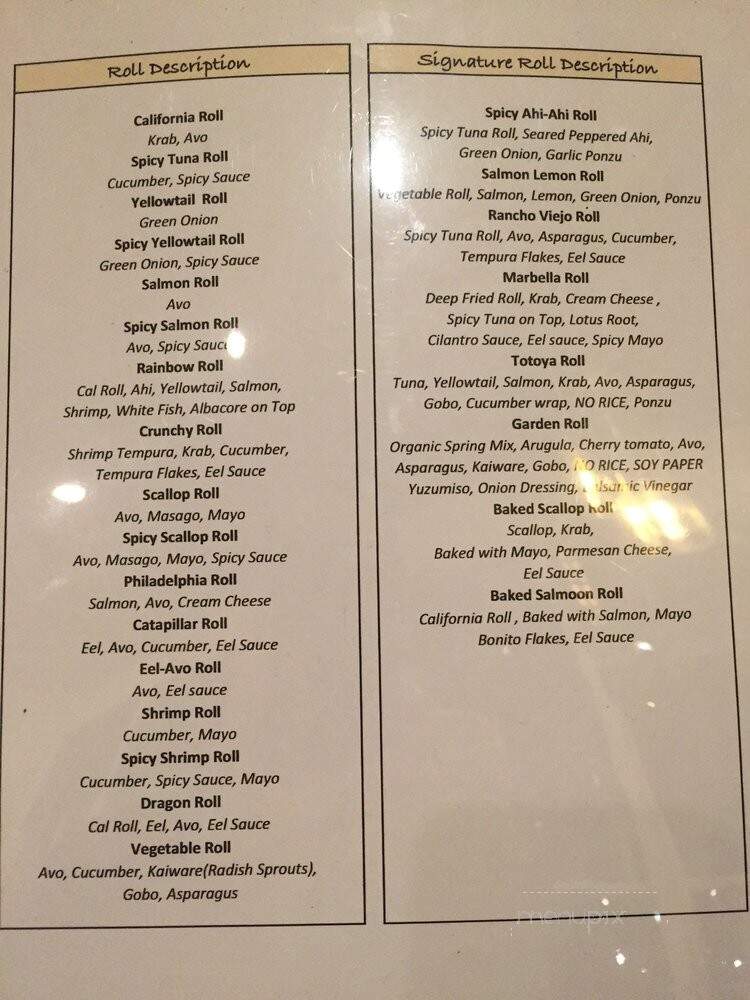Totoya Japanese Cuisine - San Juan Capistrano, CA menu_pic