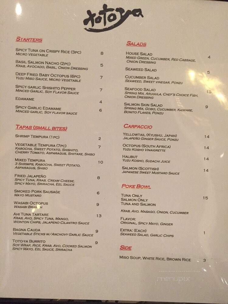Totoya Japanese Cuisine - San Juan Capistrano, CA menu_pic