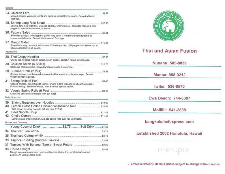 Bangkok Chef - Honolulu, HI menu_pic