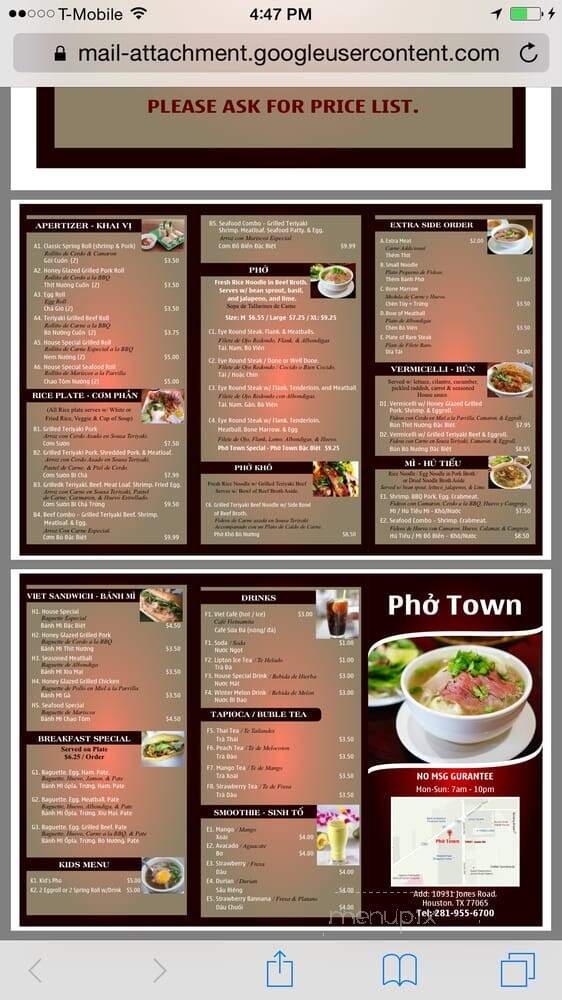 Pho Town - Houston, TX menu_pic