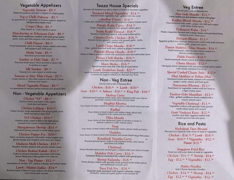 Taaza Bistro - Greensboro, NC menu_pic