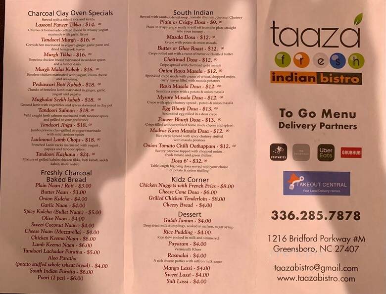 Taaza Bistro - Greensboro, NC menu_pic