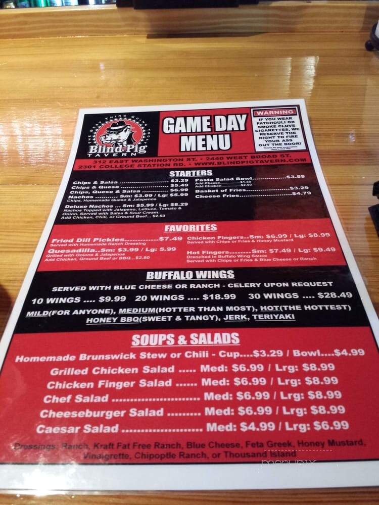 Blind Pig Tavern - Athens, GA menu_pic