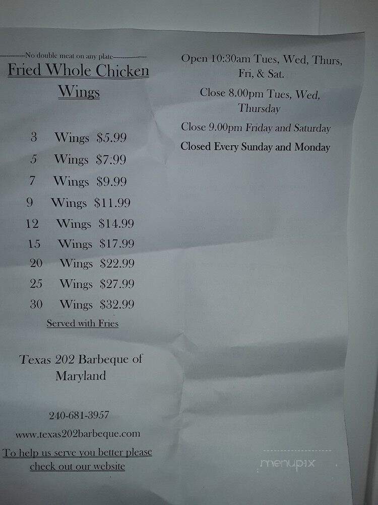 Texas 202 Barbeque of Maryland - Brandywine, MD menu_pic