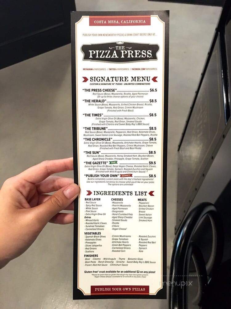 The Pizza Press - Costa Mesa, CA menu_pic
