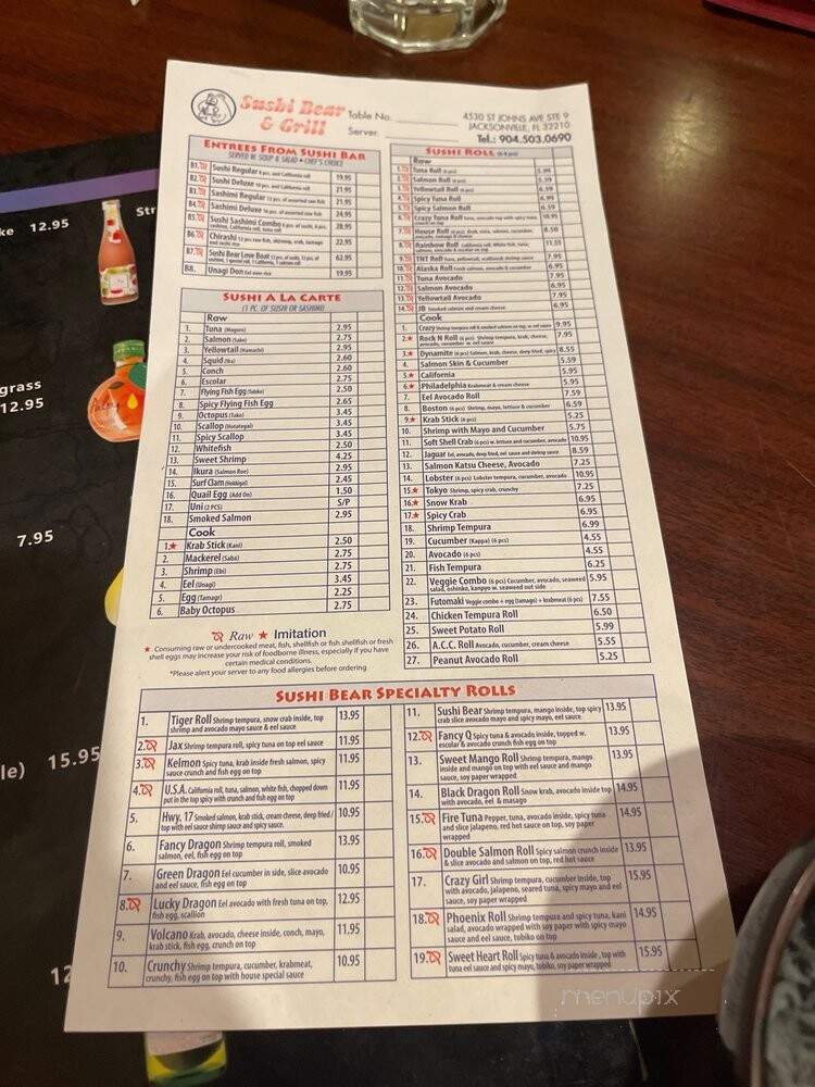 Sushi Bear Sushi & Grill - Jacksonville, FL menu_pic