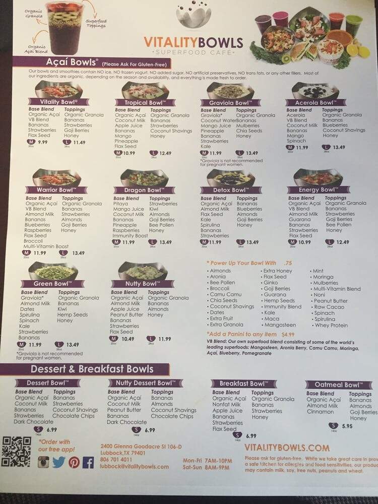 Vitality Bowls Superfood Cafe - Lubbock, TX menu_pic