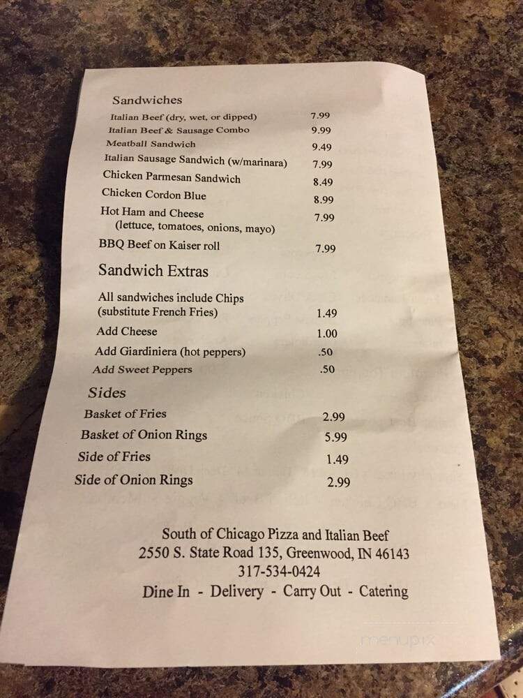 South Of Chicago - Greenwood, IN menu_pic
