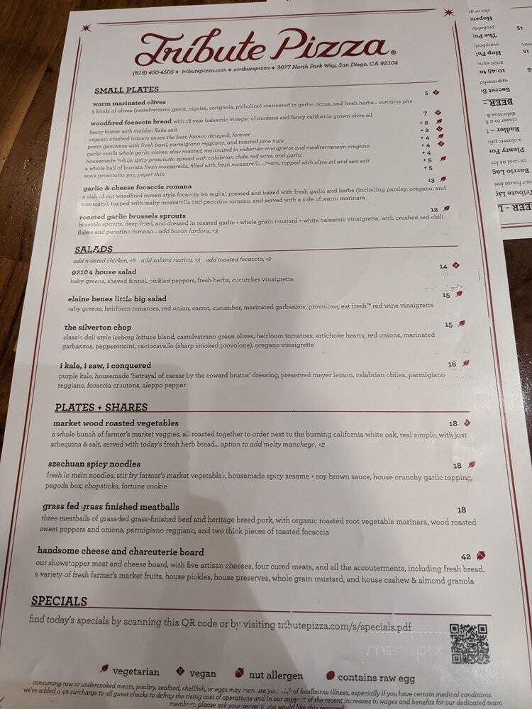 Tribute Pizza - San Diego, CA menu_pic