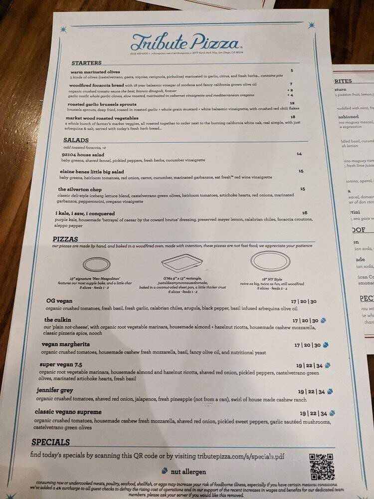 Tribute Pizza - San Diego, CA menu_pic